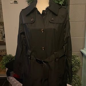 New London Fog Black Single Breasted Hooded Belted Button Front